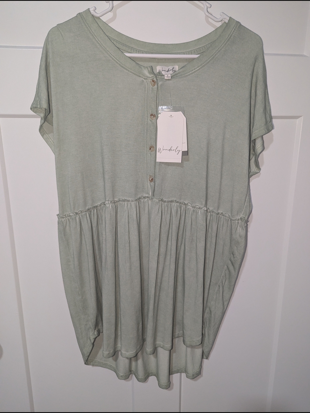 Wonderly Sage Green Button-Peplum Short Sleeve Tunic